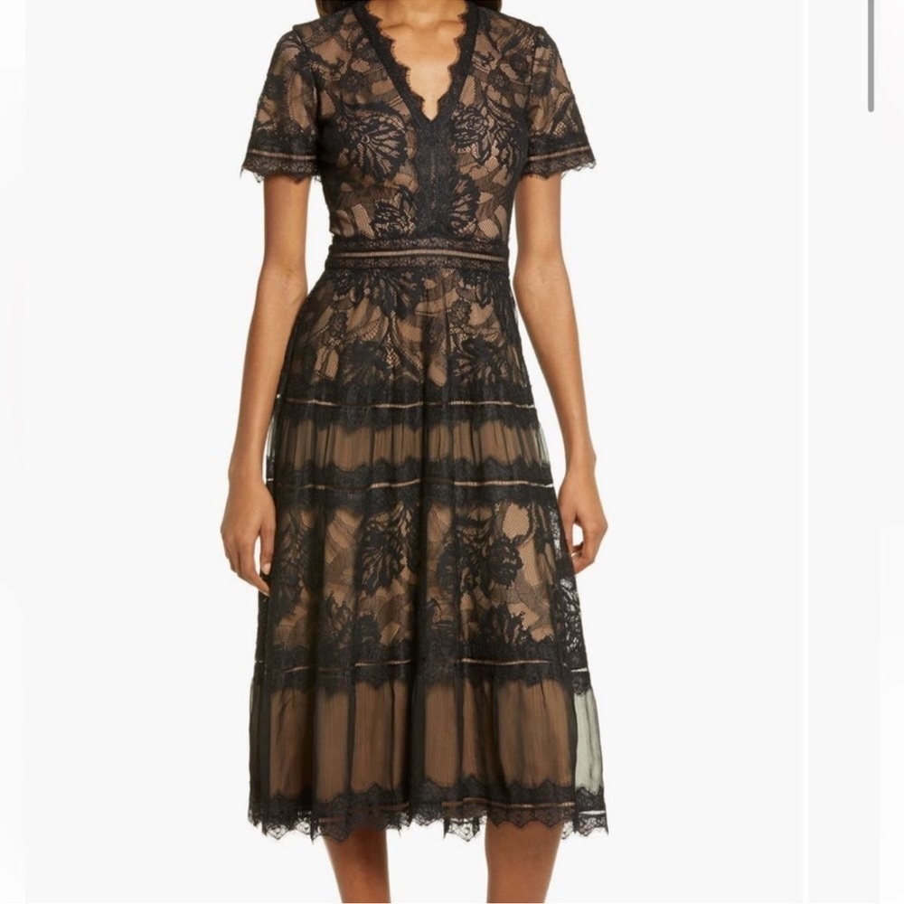 NWOT Tadashi Shoji Lace & Mesh black & nude Midi Cocktail Dress sz 6 - Picture 2 of 8